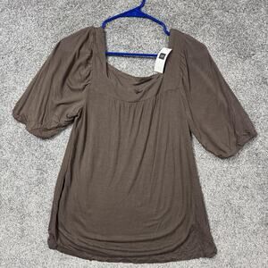 Gap Top Medium Earthy Brown Square Neck Puff Sleeve Grunge Indie Y2K Casual Chic